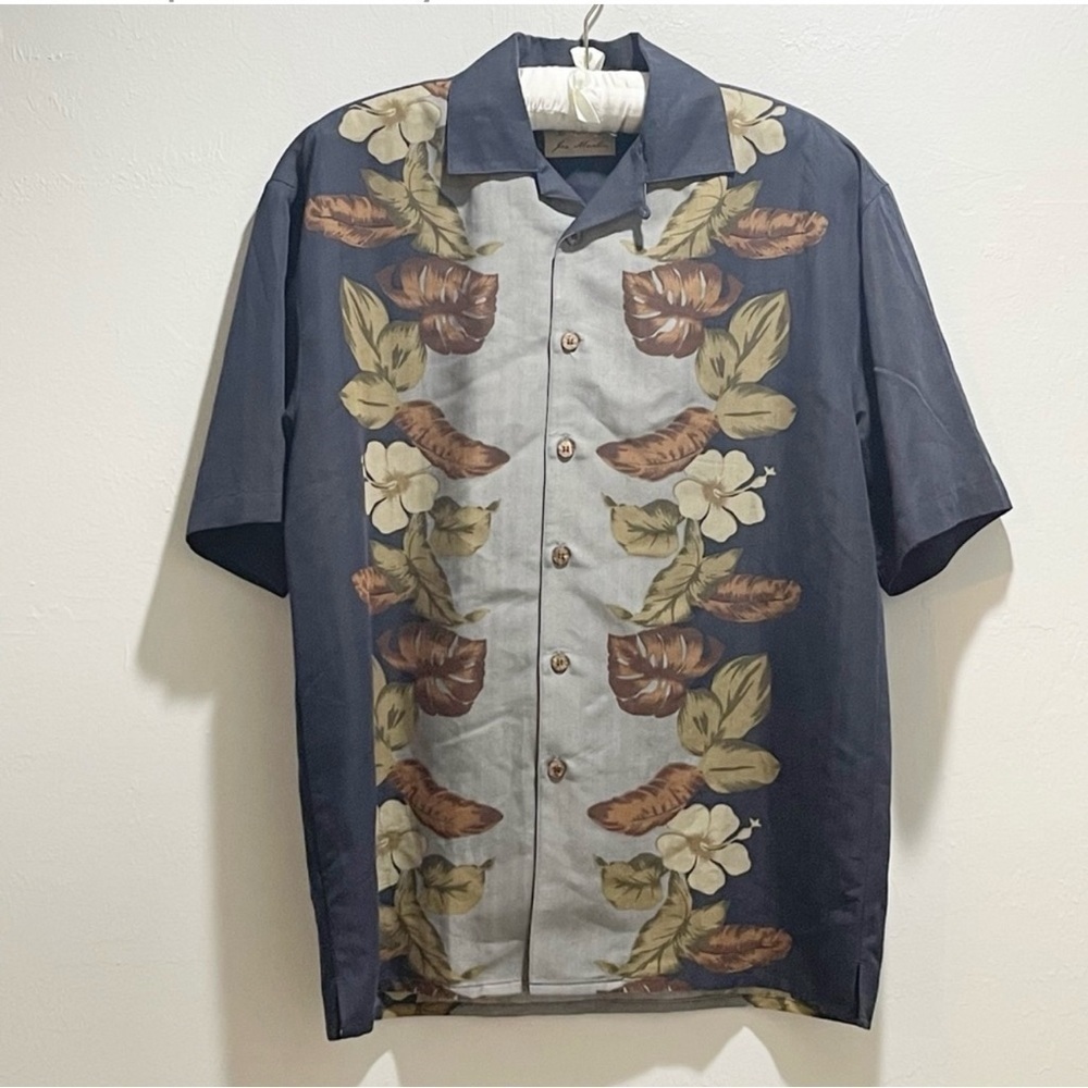 JOE MARLIN Men’s Black Gray Hawaiian Button Down Shirt Hibiscus Tropical Size M